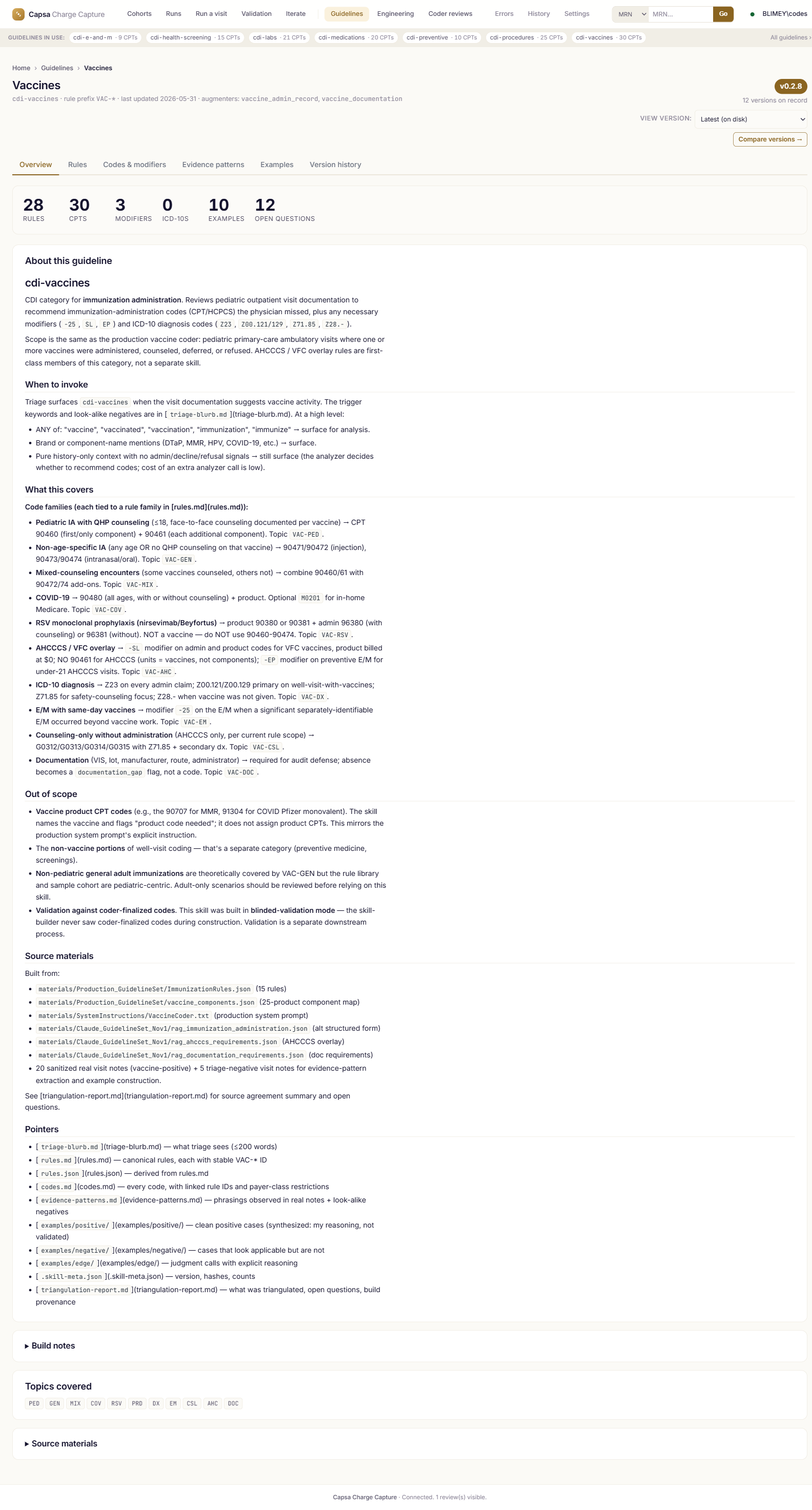 Guideline detail: rules, codes and modifiers, evidence patterns, examples, source materials, and version history